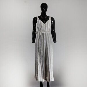 Elegant Linen-Blend Striped Midi Dress with Waist Tie
